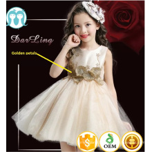 2017 lastest long frock design for girls with golden petals elegant wedding dress top quality with embroidery flowers for child